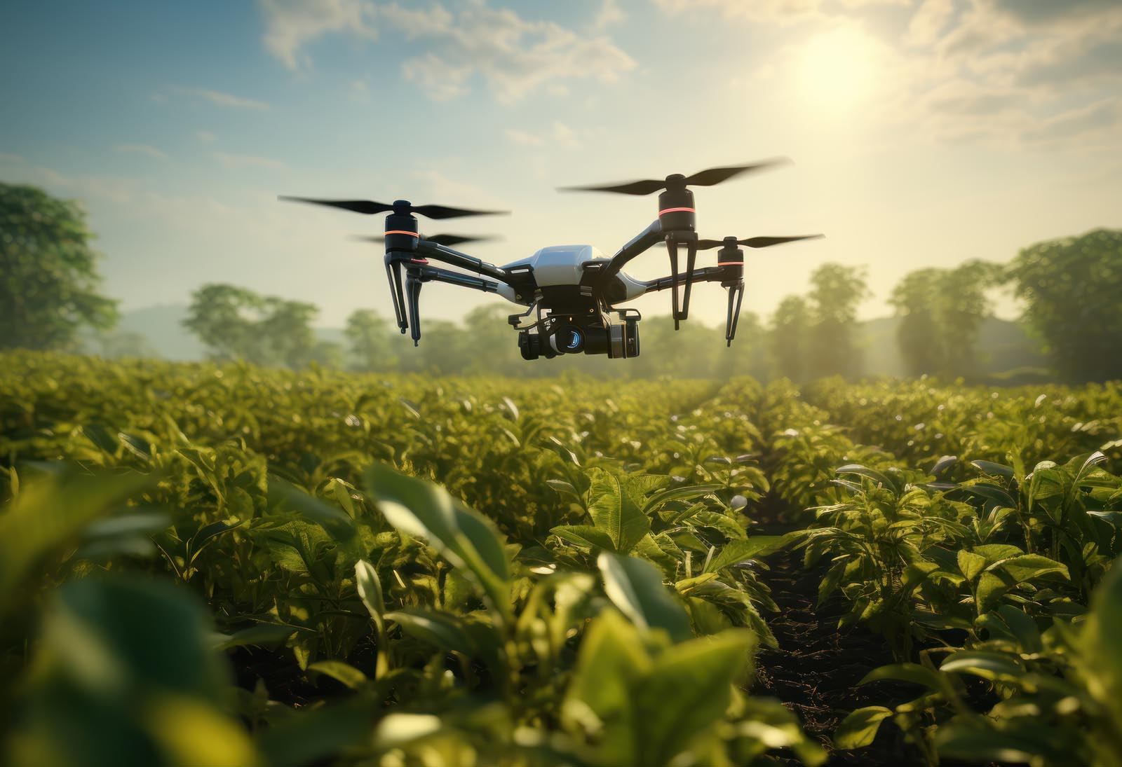 Lush green farmland being surveyed by a drone for precision agri lush-green-img